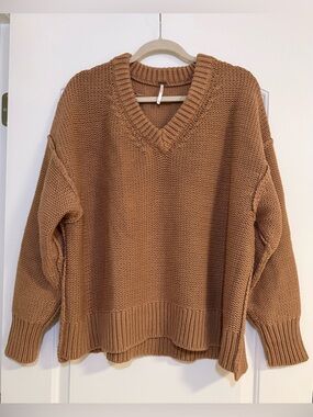 Free People Alli Cotton-Blend Oversized V-Neck Sweater size XS
